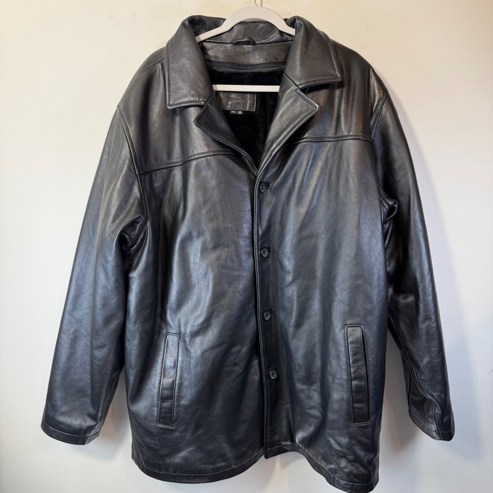 Vintage Leather Jacket Men XXL Black Detachable Fur Lining Moto Y2K Biker Grunge